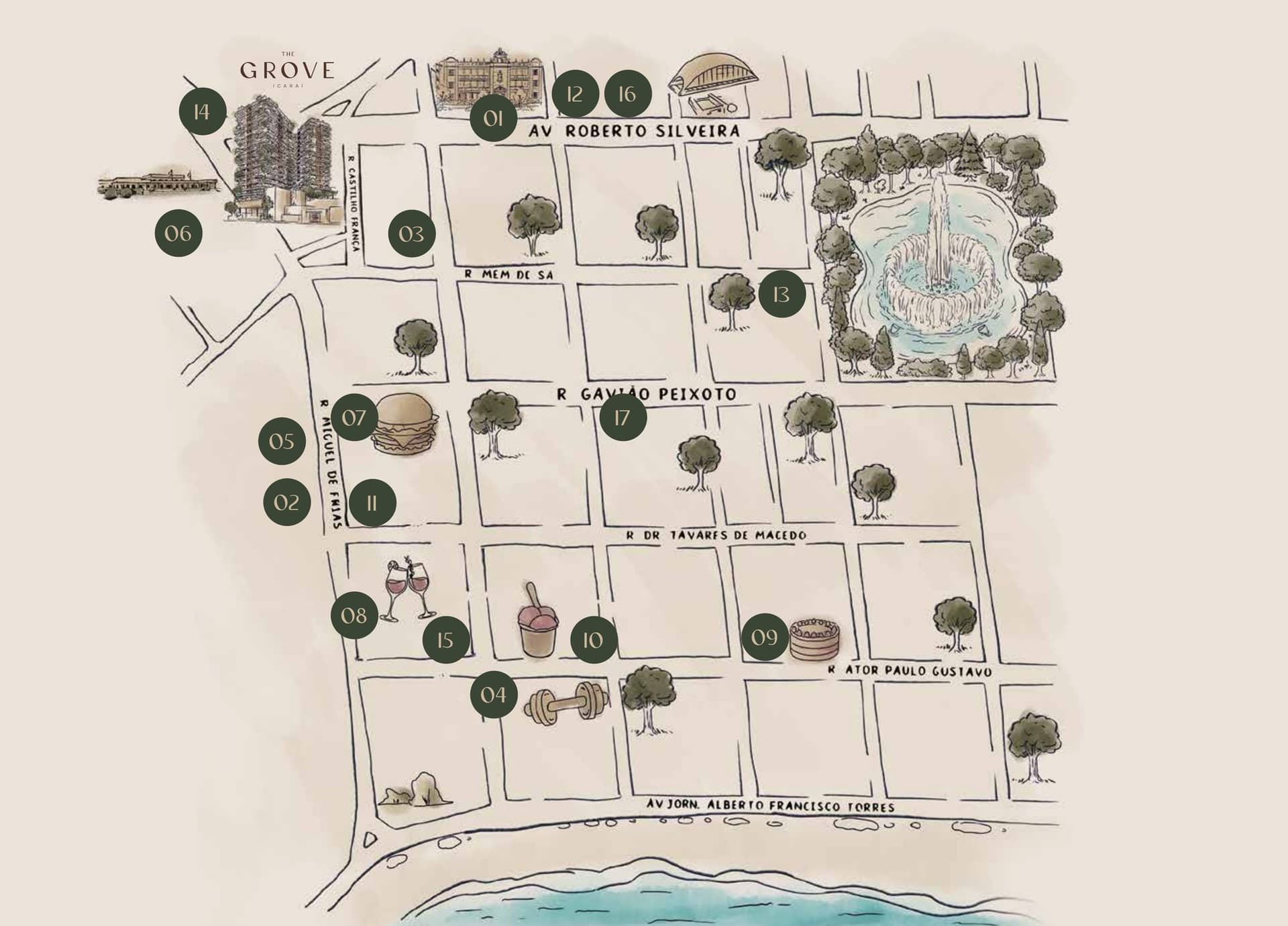 Mapa de localização do The Grove Icaraí e pontos de interesse ao redor