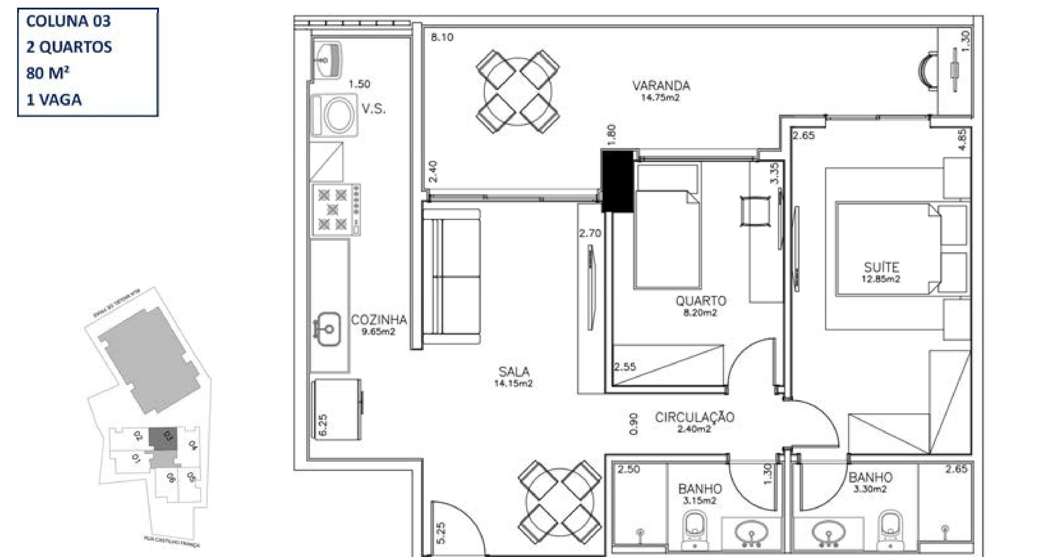 Planta baixa — 2 Quartos (79–97 m²)