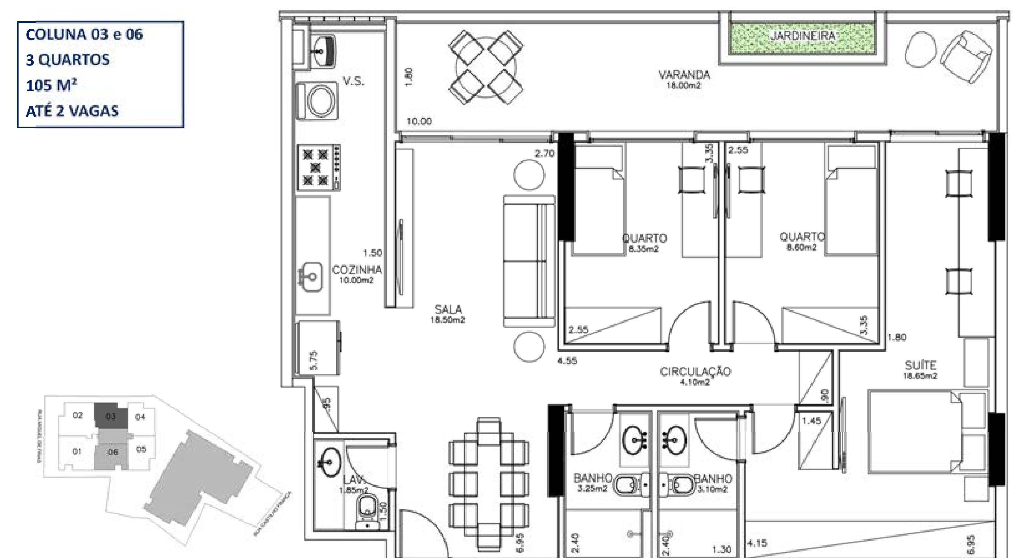 Planta baixa — 3 Quartos (103–118 m²)