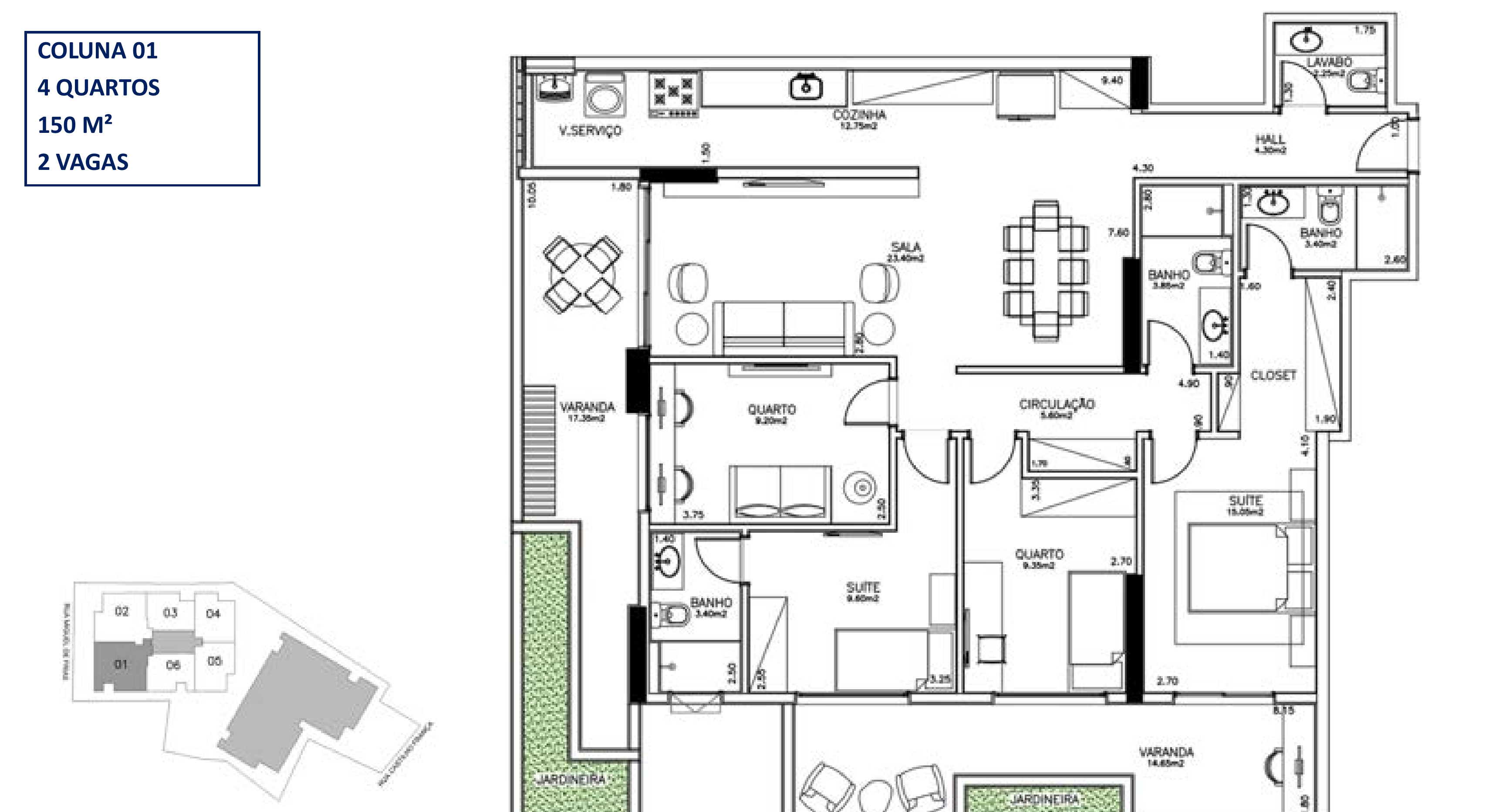 Planta baixa — 4 Quartos (145–155 m²)